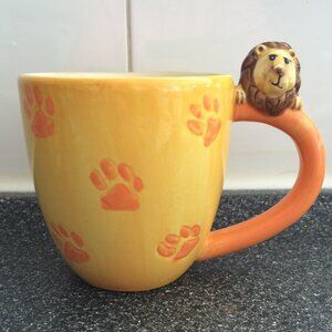 Pier 1 Import Lion Surprise Coffee Mug Yellow Orange Hand Painted